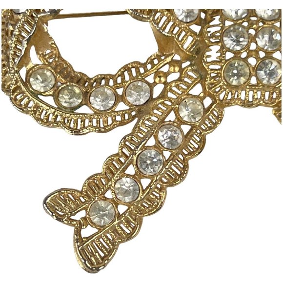 Vintage Large Clear Rhinestone Bow Brooch Gold Tone Pin 3 3/4 Inch L N - Picture 5 of 10